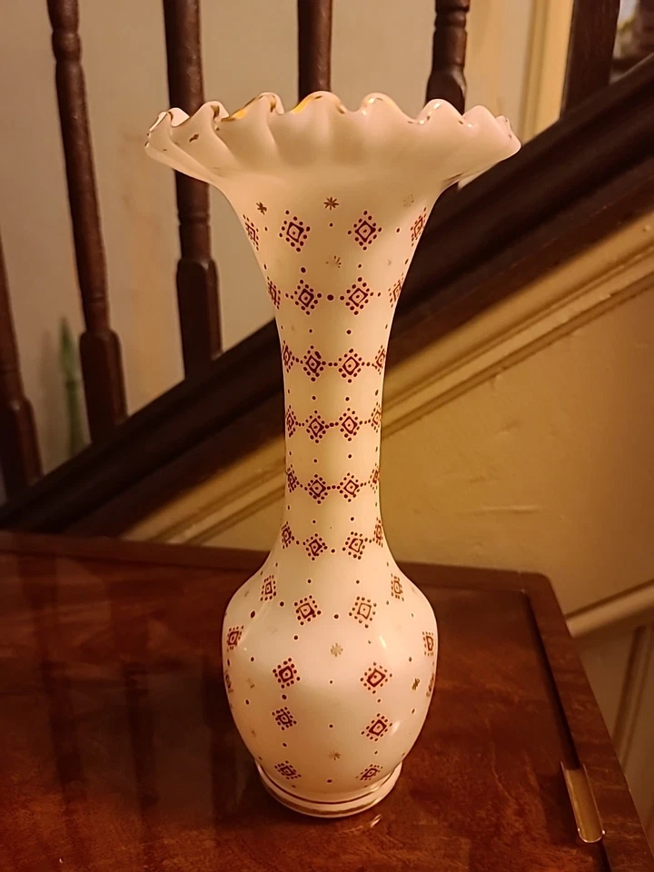HTF 1940’s Fenton Silver Crest Hand Painted Glass Charleton Ruffled Rim Vase  - Image 2 of 4