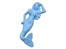 Handcrafted Nautical Decor Rustic Light Blue Cast Iron Mermaid Hook 6" - Cast...