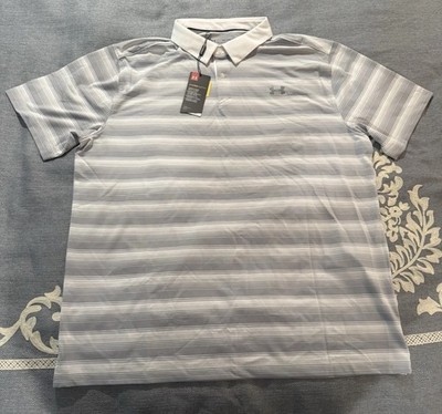 New Under Armour HeatGear Mens 2XL Golf/Polo Shirt-White Gray Strp-Jordan Spieth