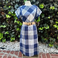 Vintage Lisa II Plaid Dress Elastic Waistband 70s 80s Nautical Boho Made in USA