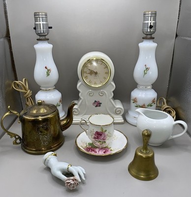 VTG 9pc TEA TIME Lot ANTIQUE BRASS WMF teapot Clock Lamps China Hand Roses Gold
