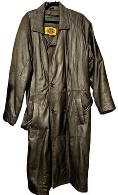 Men's Large Cruch Black Leather Double-Breasted Long Trench Coat With Button Clo