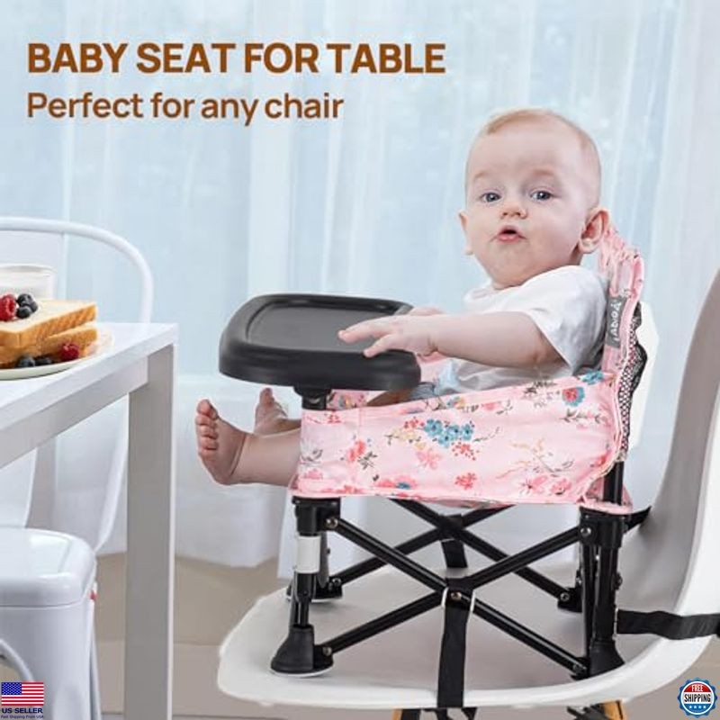 Chic Pink Floral Booster Seat with Removable Tray - Portable Foldable Baby Chair