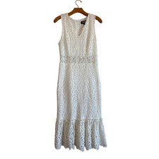 Alexa Admor White Crochet Lace V-Neck Sleeveless Ruffle Hem Sheath Midi Dress M