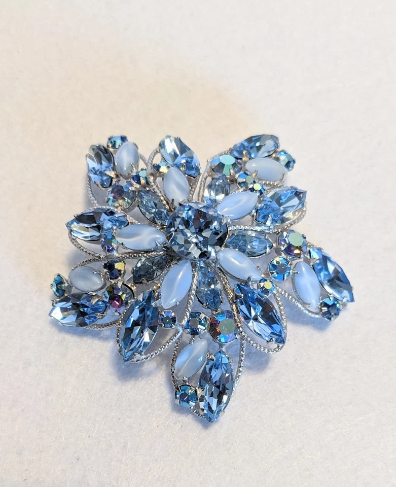 Vintage Jewelry Large Signed Regency Brooch Blues AB & Givre Glass Estate Find