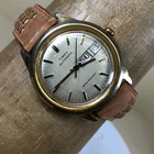 Vtg Timex Men Dress Day Date Brown Leather Strap Automatic Analog 37mm Watch 8"