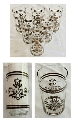 Vintage Pfaltzgraff Glass Tumblers 16 oz. VILLAGE Brown Folk Art 6-Pc Set EC