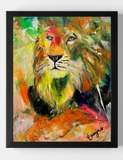 GUAJARDO Original Neo Expressionism Neon Lion of Narnia 14X11 Canvas Signed Art
