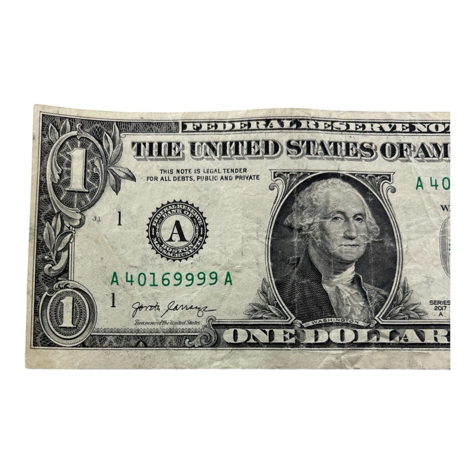 2017 $1 Dollar Bill Fancy Serial A40169999A Slight Off Center Misprint Rare - Image 3 of 4