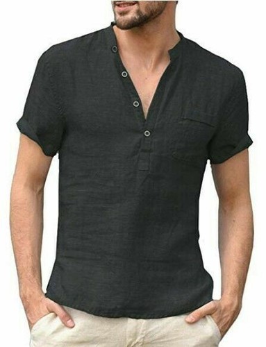 Mens Blouses Tops Pure color Summer Casual Pullover Short Sleeve V Neck T shirts - Imagen 19 de 19
