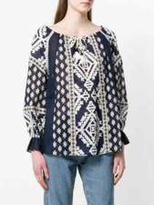 TORY BURCH Blue White Candice Printed Cotton Embroidered Tassel Tie Top LARGE 10