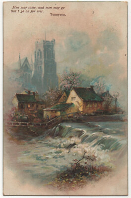 Farbige Postkarte Flussszene & Gebäude mit Gedichtzeilen von Tennyson