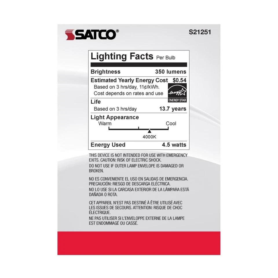 SATCO S21251 - 4 Watt G40 LED Candelabra Bulb - 4000K - 120 Volts (6 Pack) - Image 4 of 4