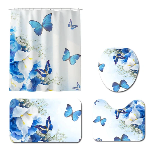 4Pcs/Set Butterfly Rose Waterproof Shower Curtain Toilet Lid Cover Bathroom Mat - Bild 10 von 36