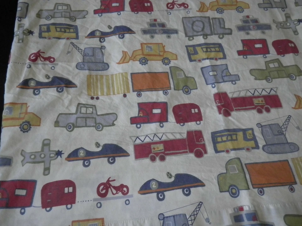 Pottery Barn Kids Patrick Twin Flat Sheet Trucks Cars Trains Crane Plane White - Image 2 of 4