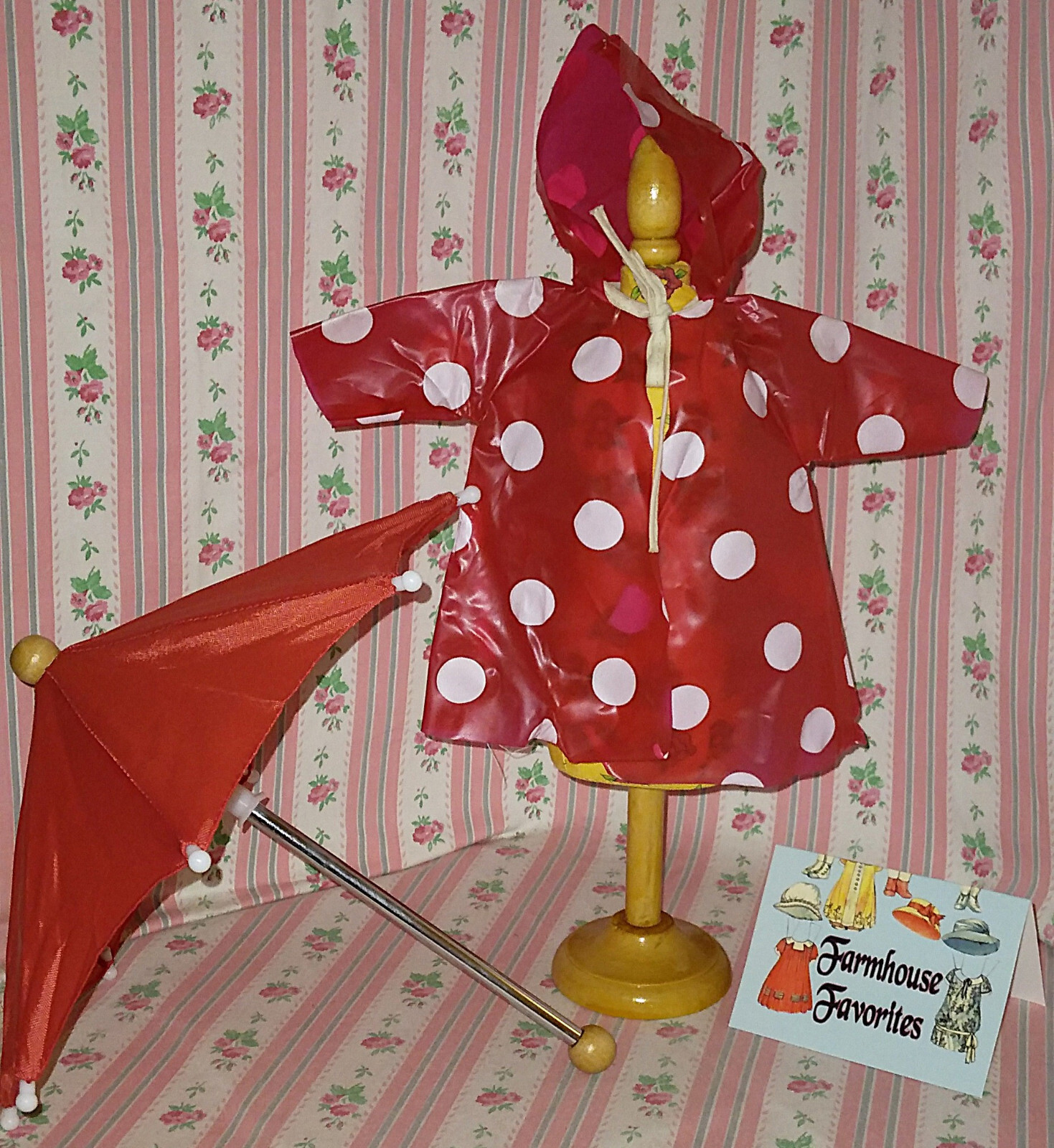 1950s Polka Dot DOLL RAINCOAT & Modern RED UMBRELLA (10 3/4 in L hood to 