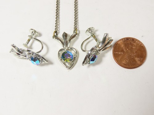 Gorgeous Vintage AB Rhinestone Earring Necklace Set Silver Tone Screw-On C4641 - 第 5/6 張圖片