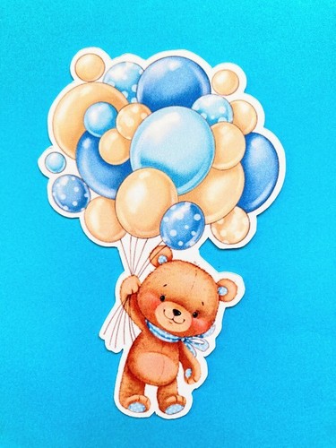 BABY BOY BEAR BALLOONS 4 x Die Cuts Toppers Card Making Watercolour Blue Teddy - Picture 2 of 2