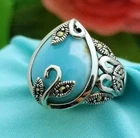 Silver Larimar Marcasite Vine Filigree Ring-Sterling-Natural-16mm Stone-Vintage