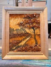 Original painting .Autumn landscape with amber. Lonely tree.