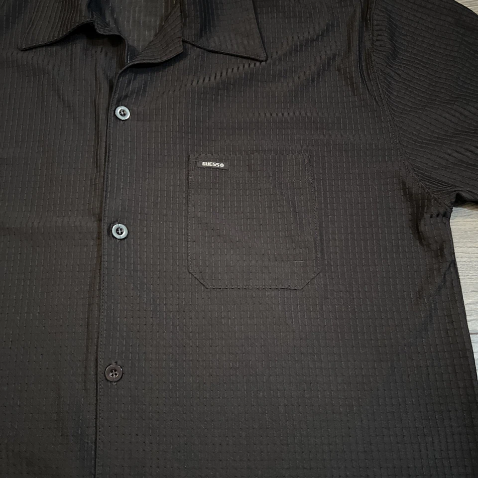 Camisa GUESS Para Hombre Grande L Negra Abotonada Calce Ajustado Cuello Y2K Semi Malla Club Foto 2 de 4