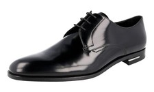 PRADA Polished Pointed Derby Dress Shoes Logo Heel Black - NEW -  US 9 EU 42