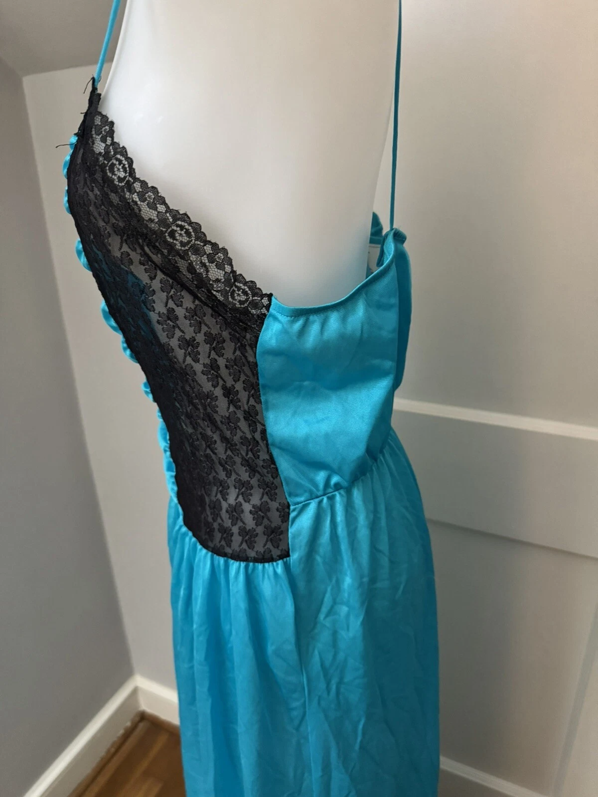 UNDERCOVER Camicia da notte donna vintage sottocoperta blu nero pizzo pullover spalline spaghetti L