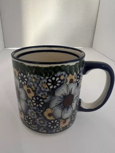 Polish Pottery Boleslawiec Hand Painted Blue Signed Unikat Mug