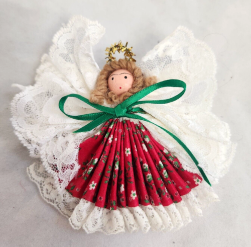 Pleated Dress Angel Christmas Ornament Lace Wings Wooden Head Vintage Handmade - Afbeelding 1 van 8
