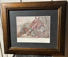 VTG Framed Currier & Ives Print Camping in the Woods Laying Off 25.5" Cabincore