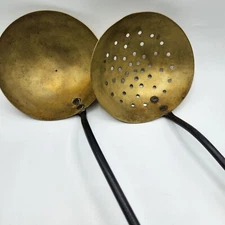 2 Primitive Antique Hand Forged Iron Brass Ladle & Strainer 19"