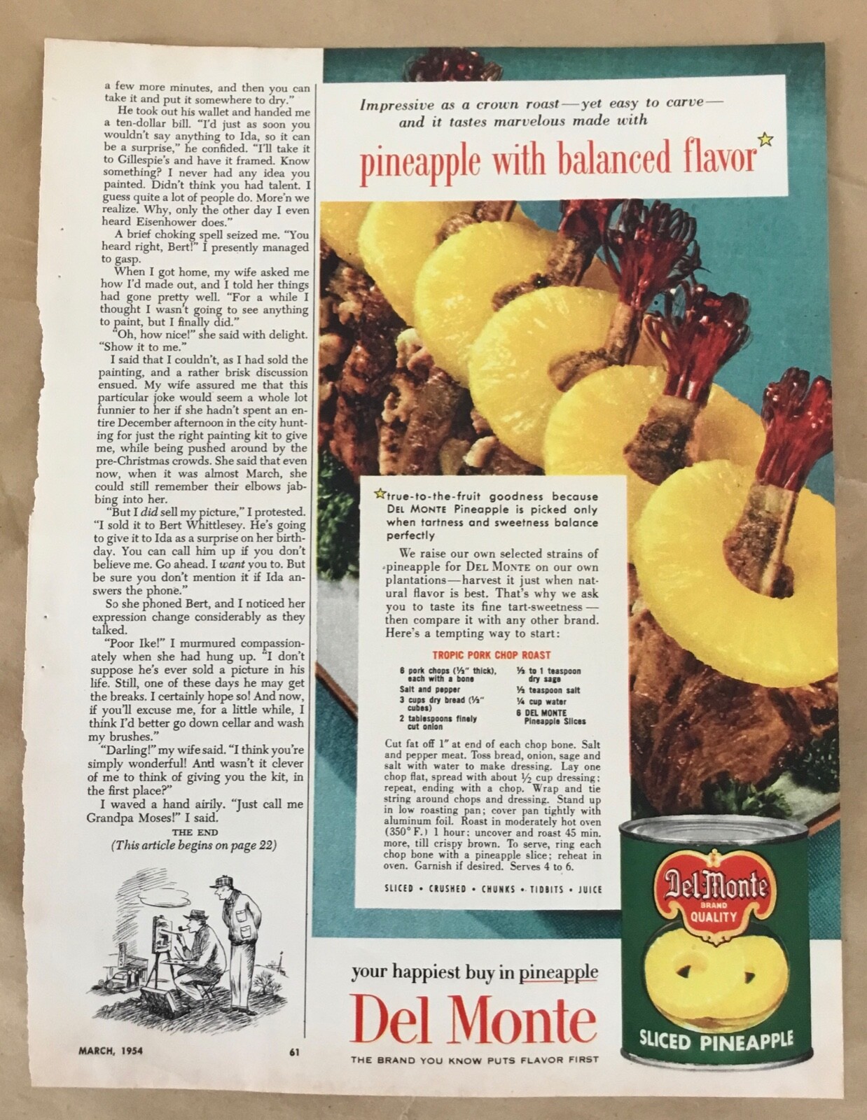 Del Monte pineapple 1954 print ad 50s orig vintage illus art retro food recipe