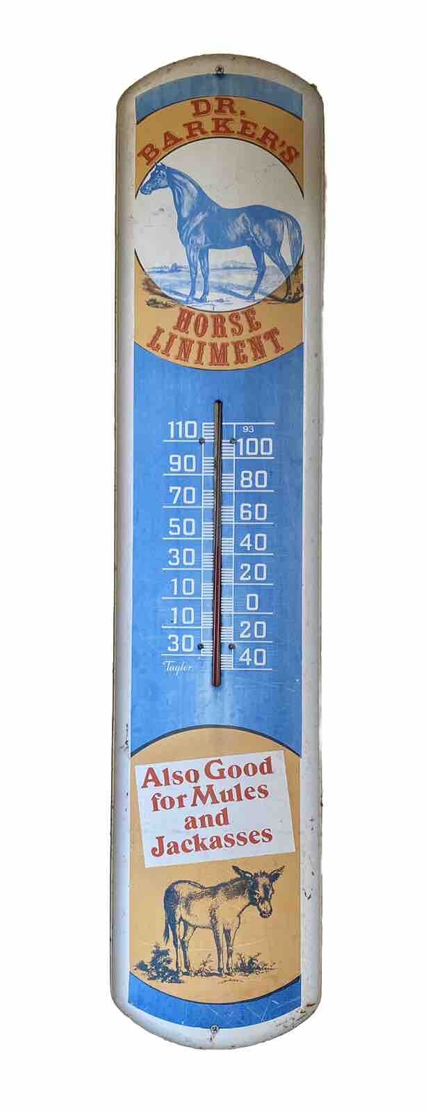 Dr Barkers Horse Liniment 38" X 8” Advertising Sign w/ Thermometer