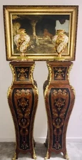 Antique Louis XV Style French Pedestals Ormolu Marble Top Floral Marquetry 52"