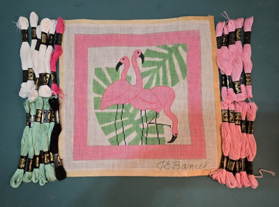 Flamingos, Joan Barcel Hand Painted Needlepoint Canvas with DMC thread