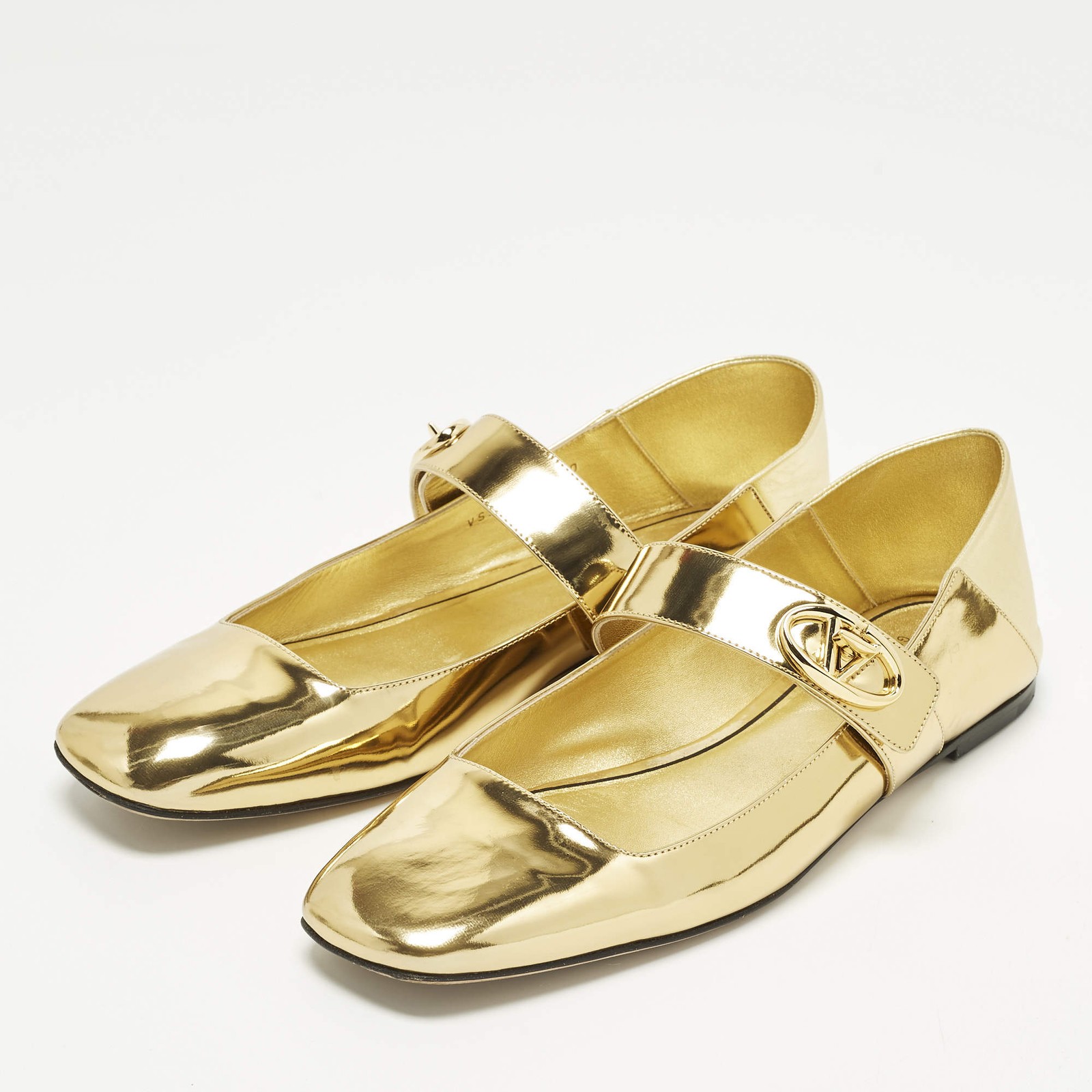 Valentino VLogo Size 40 Gold Leather and Patent Leather MaryJames Ballet Flats thumbnail 2