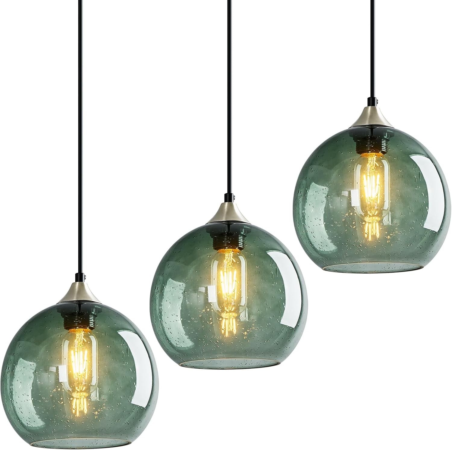 Green Seeded Glass Pendant Lights Set of 3 Kitchen Island Modern Globe Edison