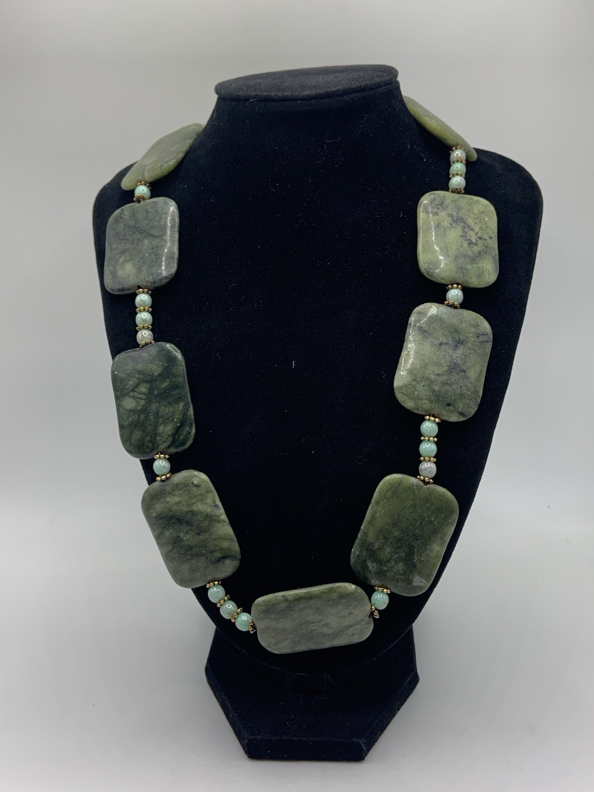 Nephrite Gemstone Square Beaded Statement Necklac… - image 1