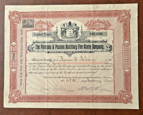 1900 Stock Certificate-Paterson & Passaic Auxiliary Fire Alarm Co. NJ x10 RARE - Picture 1 of 3