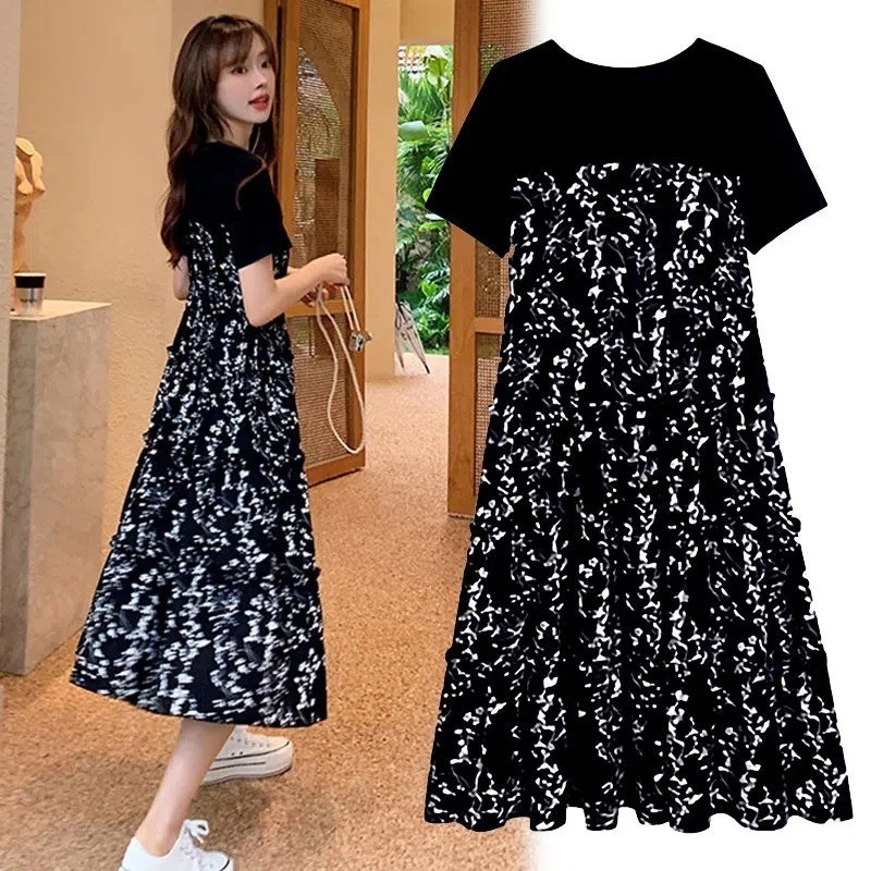 Women's T-shirt Fake two Pcs Korean style Summer Dress Mid-Length Floral Printed