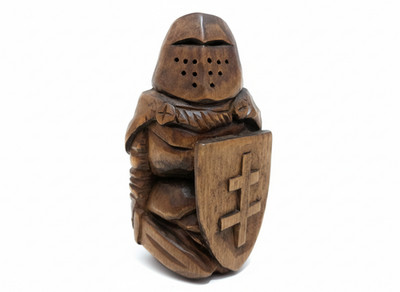 Hand Carved Wooden Knight with Shield and Sword   Medieval Warrior Figurine 11 c