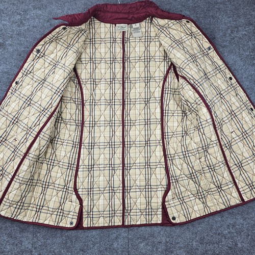 LL Bean Jacket Womens Medium Red Quilted Coat Plaid Lined Snap Button Pockets - Picture 3 of 6