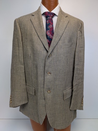 Polo Ralph Lauren Men Houndstooth Blazer 100% Flax Beige Tan 44R Made in Italy - Picture 2 of 12