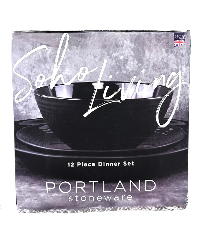 Soho Living Portland 12pc Stoneware Dinner Set Ribbed Glossy Black Finish - Image 3 of 3