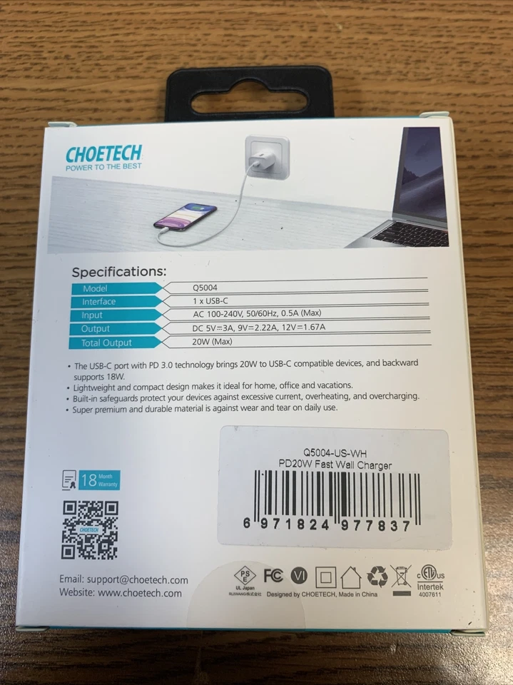 Cargador de Pared Choetech 20W USB-C PD USB 3.0 Q5004 Para Apple iPhone Samsung Galaxy Foto 3 de 4