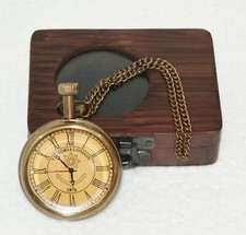 Nautical Vintage American Elgin Look Antique 2" Brass Pocket Watch With Wood Box