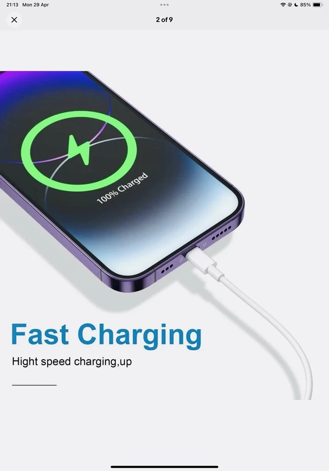 USB C Cable Fast Charger Lead for Type C Ipad iPhone 15 series Macbook 65W, 1 M - Image 2 of 4