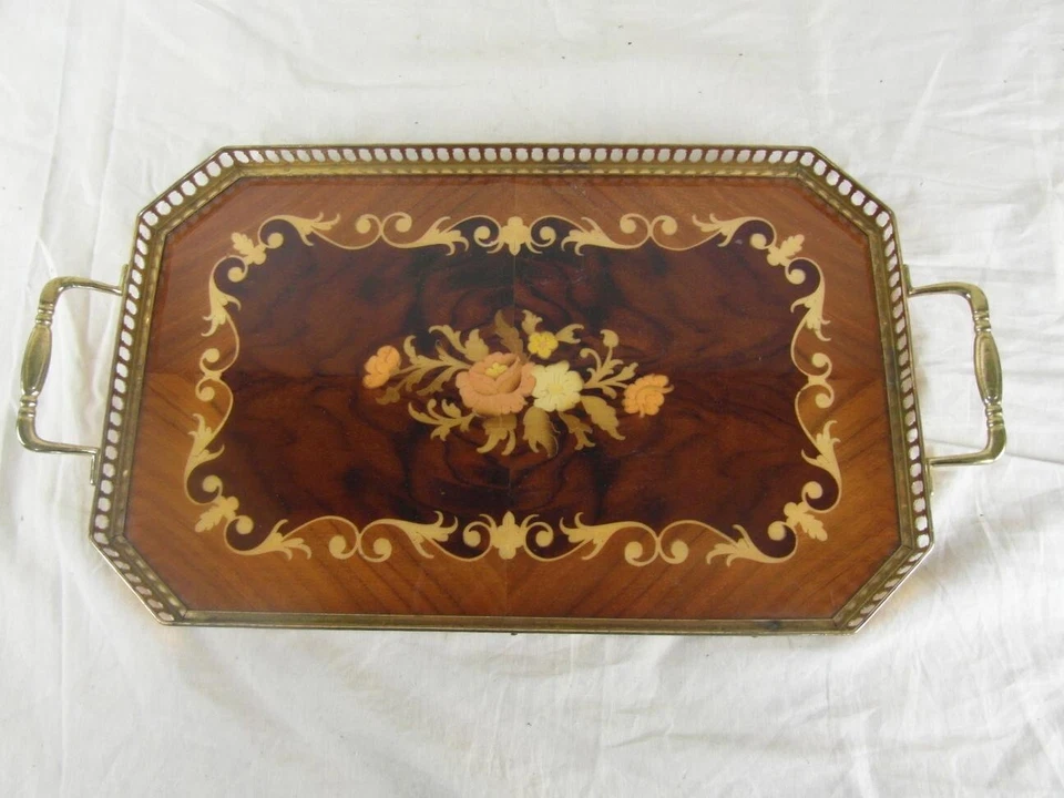 Tablett Servierhilfe Jugendstil Messing Intarsien Arbeit Floral Italien o10b4 - Bild 4 von 4