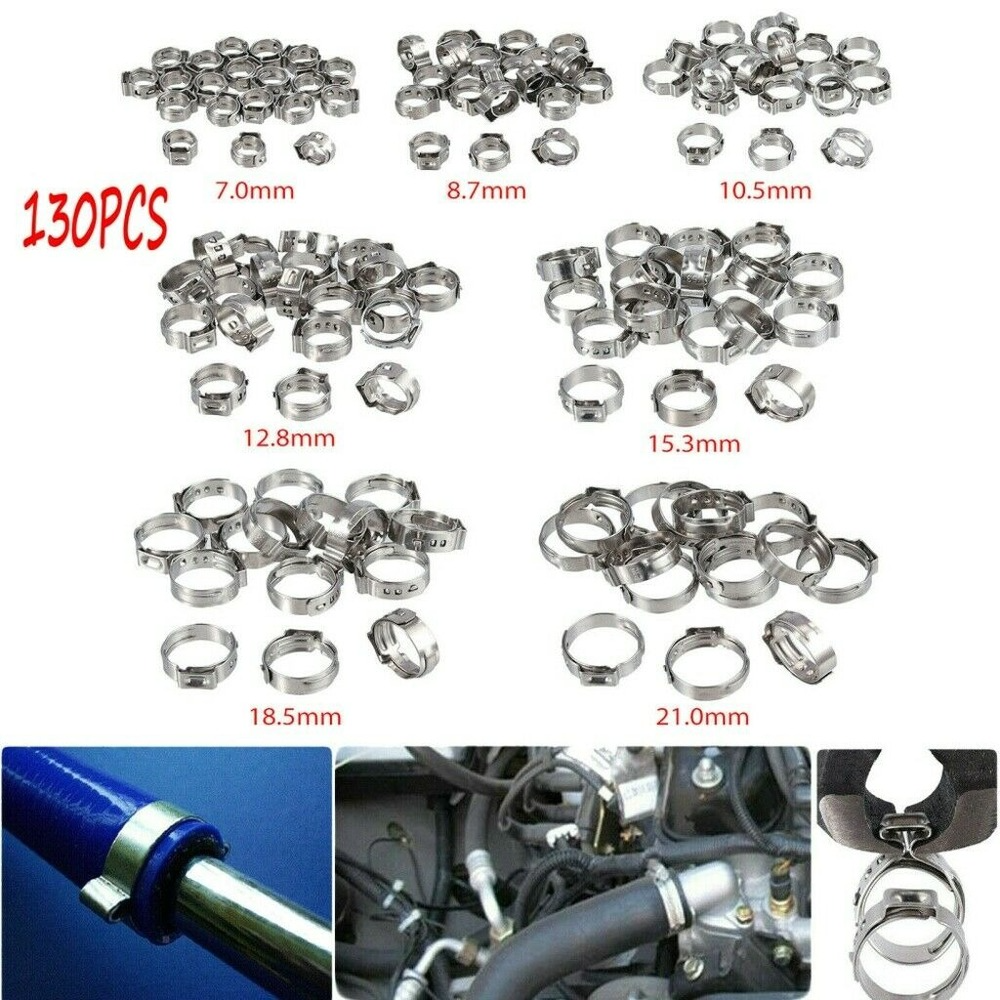 130 PCS Adjustable 7-21mm Hose Clamps 304 Stainless Steel Single Ear Clamp Rings