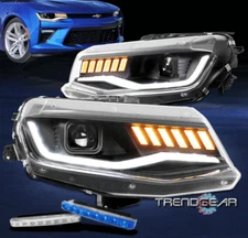 For 2016-2018 Chevy Camaro LED Sequential Projector Black Headlight+Blue DRL Kit